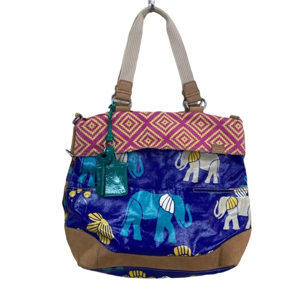 Fossil Blue and Tan Tote with Elephant Print